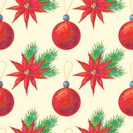 Seamless pattern with Christmas flowers balls and fir evergreen twigs N2