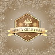 Merry Christmas label with golden ribbon and snowflakes