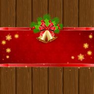 Wooden Christmas background with red bow and bells N2