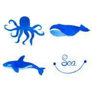 Set of ocean animals Watercolor vector illustration