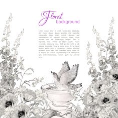 Vector Bird Bath Sketch Flowers