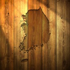 Korea South Map on lit Wooden Background