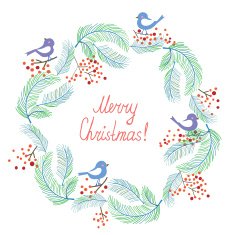 Christmas card with wreath and birds retro design N2