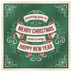 Green Christmad Card with Ribbons and Floral Ornaments