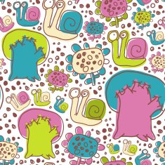 Vector Seamless Pattern with Snails Flowers and Trees N2