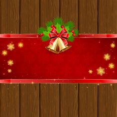 Wooden Christmas background with red bow and bells N2