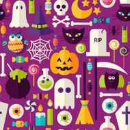 Flat Purple Halloween Trick or Treat Objects Seamless Pattern N2