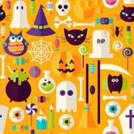 Flat Orange Halloween Trick or Treat Objects Seamless Pattern N2