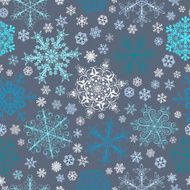 Seamless pattern of snowflakes blue and light on gray N2