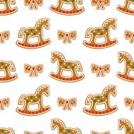 Seamless pattern with Christmas gingerbread cookies - rocking horse bow N2