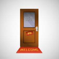 Front door is open around clock with a sign