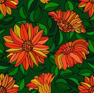Seamless pattern with red gerbera flowers and leaves N2