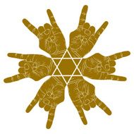 Six rock hands abstract symbol with hexagonal star