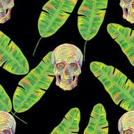 Seamless tropical pattern with exotic banana leaves and skulls