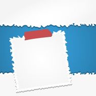 Torn crumpled white paper with adhesive sticky tape on blue
