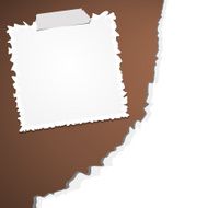 Torn crumpled white paper with adhesive sticky tape on brown