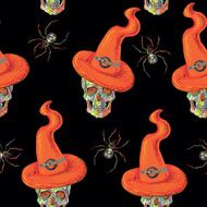 Seamless pattern with Halloween skulls hats and spider N2