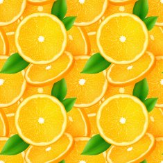 Juicy orange slices with green leaves seamless pattern