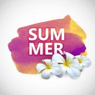 Summer label with exotic frangipani flowers on watercolor stain N2
