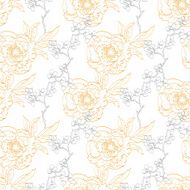 Vector Gold Gray Drawing Peony Floral Diagonal Seamless Pattern N2