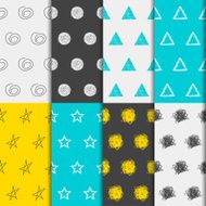 Hand-drawing doodle seamless patterns set Abstract geometric cartoon childish backgrounds N4