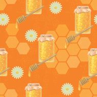 Seamless pattern with glass jar full of honey wooden dipper N2
