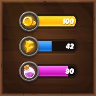 Game Resources Icons with Progress Bars on wooden background