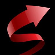 Isolated red glossy fabric curved ribbon arrow on black backgrou N2