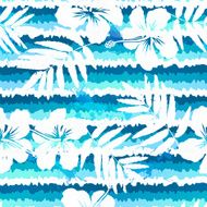 Blue bright flowers and painted stripes seamless pattern