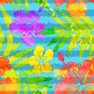 Bright vivid colors watercolor tropical flowers seamless pattern with grunge N2