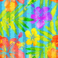 Bright vivid colors watercolor tropical flowers seamless pattern with grunge N3