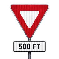 Blank triangular road sign with 500 feet ahead to hazard