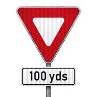 Blank triangular road sign with 100 yards ahead to hazard