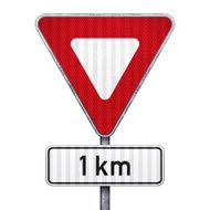 Blank triangular road sign with 1 km ahead to hazard