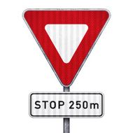 Triangular road sign with 250 meters ahead to stop