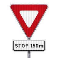 Triangular road sign with 150 meters ahead to stop