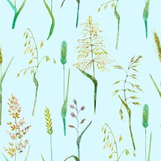 Hand drawn watercolor meadow grass seamless pattern on blue background