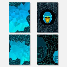 Bright set with geometric abstract gorilla portrait and polygonal background