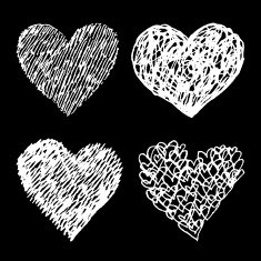 White sketched hearts set on black background