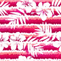 White flowers and grunge pink stripes seamless pattern