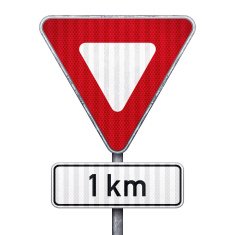 Blank triangular road sign with 1 km ahead to hazard