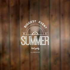 Summer biggest event label logo on wooden background blurry textures