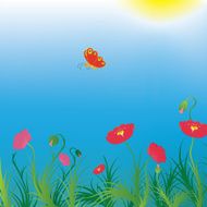Background with poppies and red butterfly N2