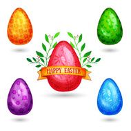 Set of color shiny eggs Ribbon with text Happy Easter N2
