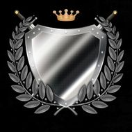 Ancient silver shield with two swords and gold crown