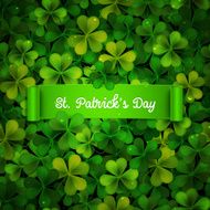 Saint Patricks Day card green ribbon on realistic shamrock leaves N2
