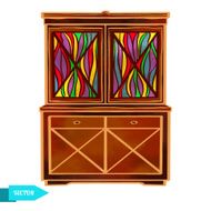 Watercolor vintage wooden cupboard with stained glass