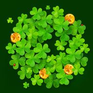 Green vector clovers and golden coins circle