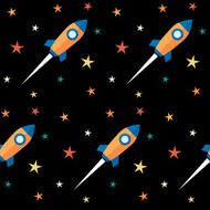 Seamless pattern Rockets and stars over black background