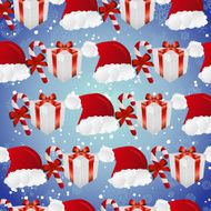 New year pattern with Santa hat gift and striped candy